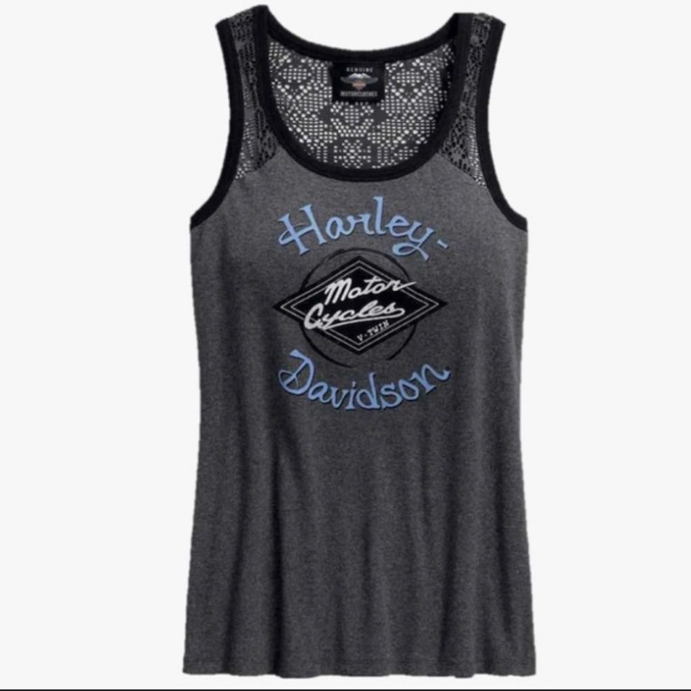 Harley Davidson NWT Lace Back Racerback Tank Top Dark Grey with Blue Lettering